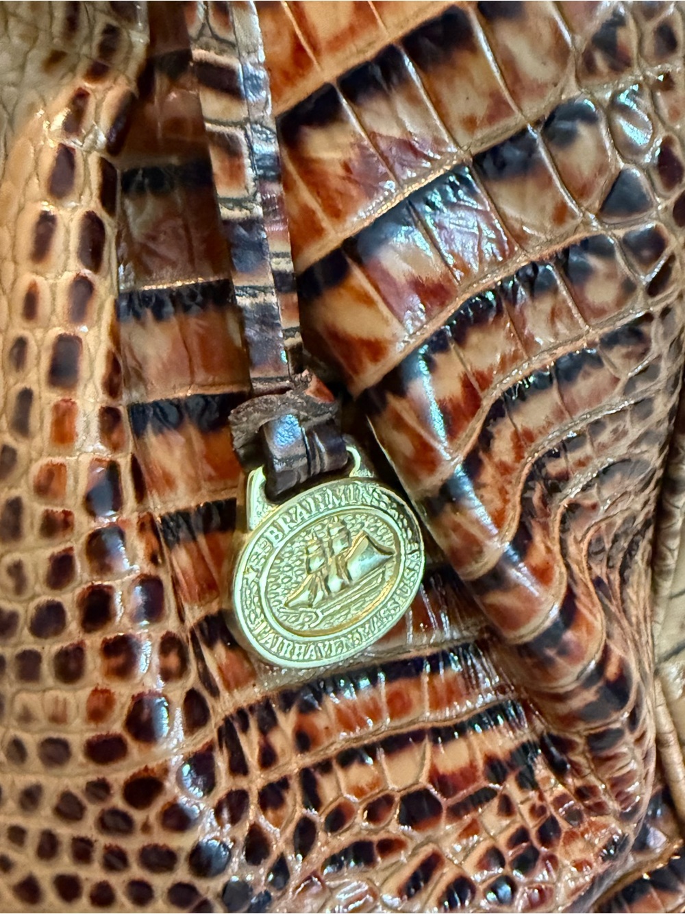 Brahmin Croc-Embossed Shoulder Bag in Tan with Gold Hardware - Picture 3 of 15